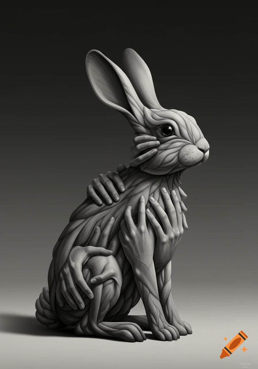 Grayscale image of a rabbit sculpture meticulously crafted from numerous human hands, sitting upright.