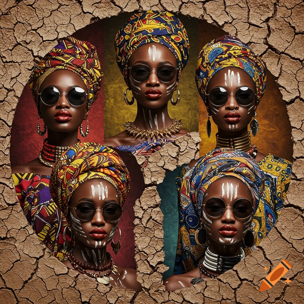 Five women in African-inspired fashion with headwraps, sunglasses, and face paint, framed by cracked earth.