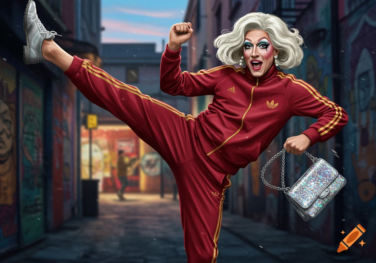 A drag queen in a red Adidas tracksuit does a high karate kick while holding a sparkly handbag in a city alley.