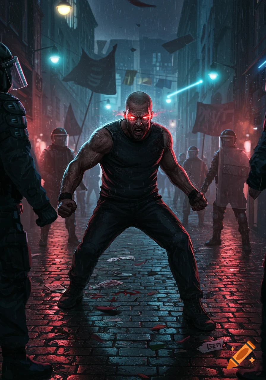 A bald, muscular man with glowing red eyes screams, confronting police officers on a dark, rainy city street at night, in a graphic novel style.