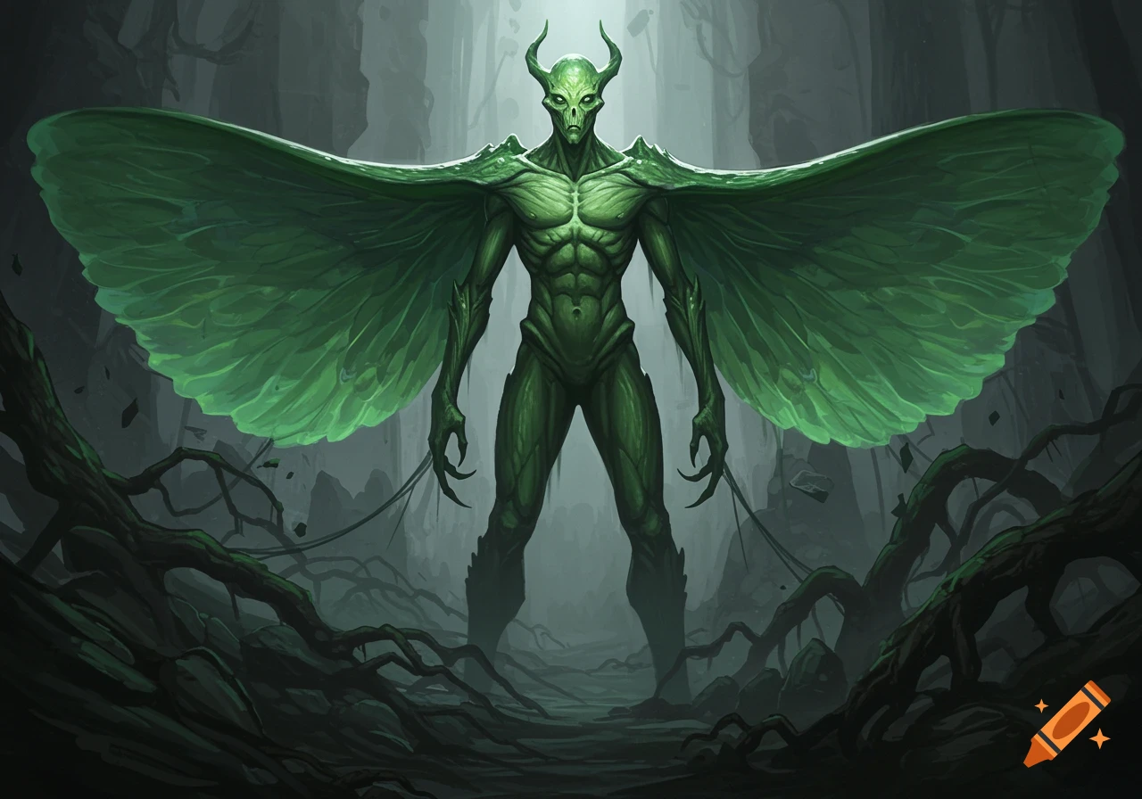 A tall, muscular green humanoid monster with horns, glowing eyes, and large leaf-like wings stands in a dark, misty forest with gnarled roots, in a digital painting style.