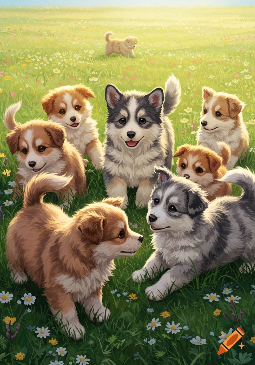 Adorable brown, white, and gray puppies playing in a sunny green meadow with small wildflowers.