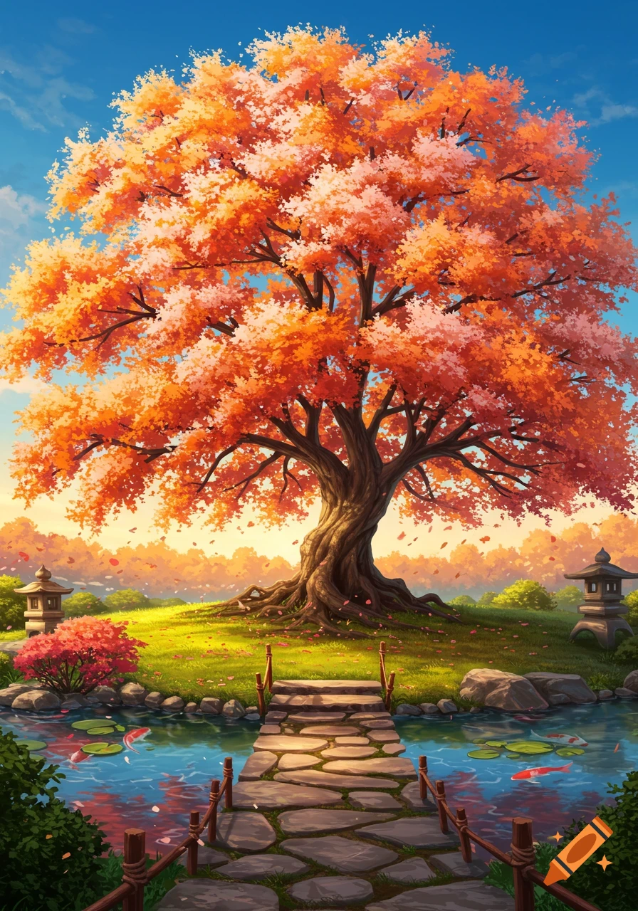 A vibrant autumn scene with a large tree featuring orange and pink leaves, a stone path over a pond with koi fish, and Japanese garden lanterns.