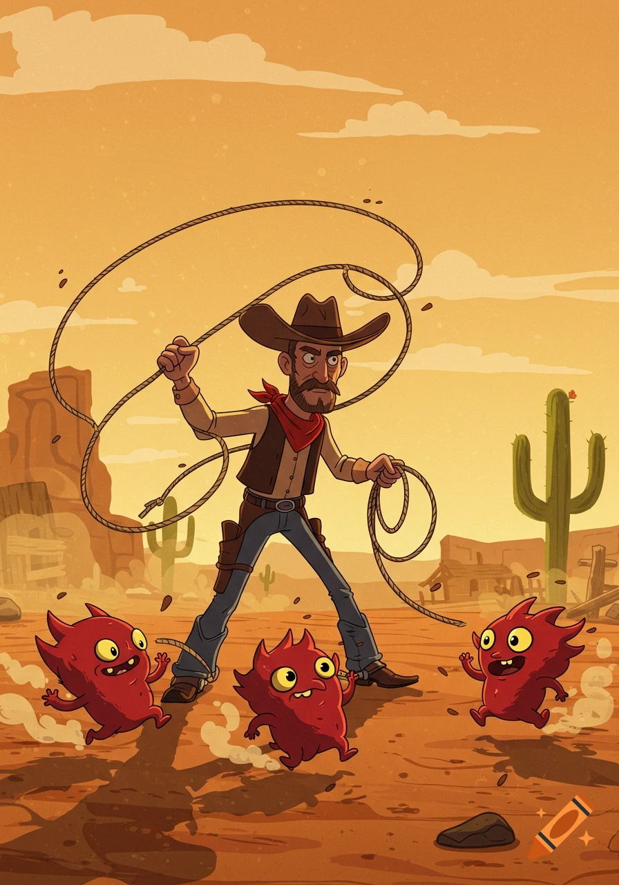 A cartoon cowboy with a lasso chasing three small red mischievous creatures in a desert landscape with cactuses and mesas.