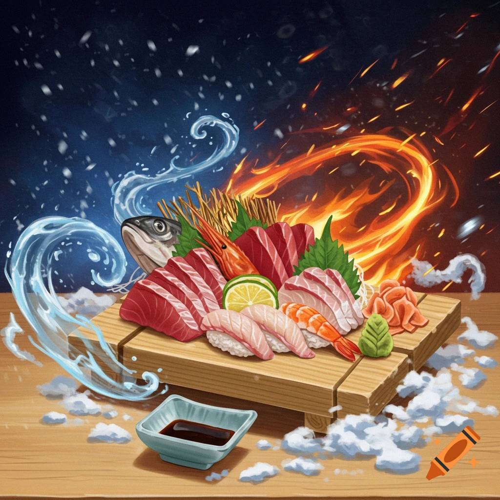 Japanese sashimi platter with tuna, salmon, and shrimp on a wooden board. It's surrounded by stylized water waves and snow on the left, and fiery flames on the right, with a small soy sauce dish in front.