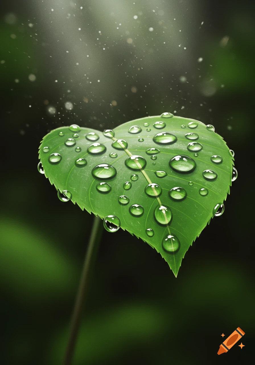A vibrant green leaf covered in numerous clear water droplets, illuminated by soft light.