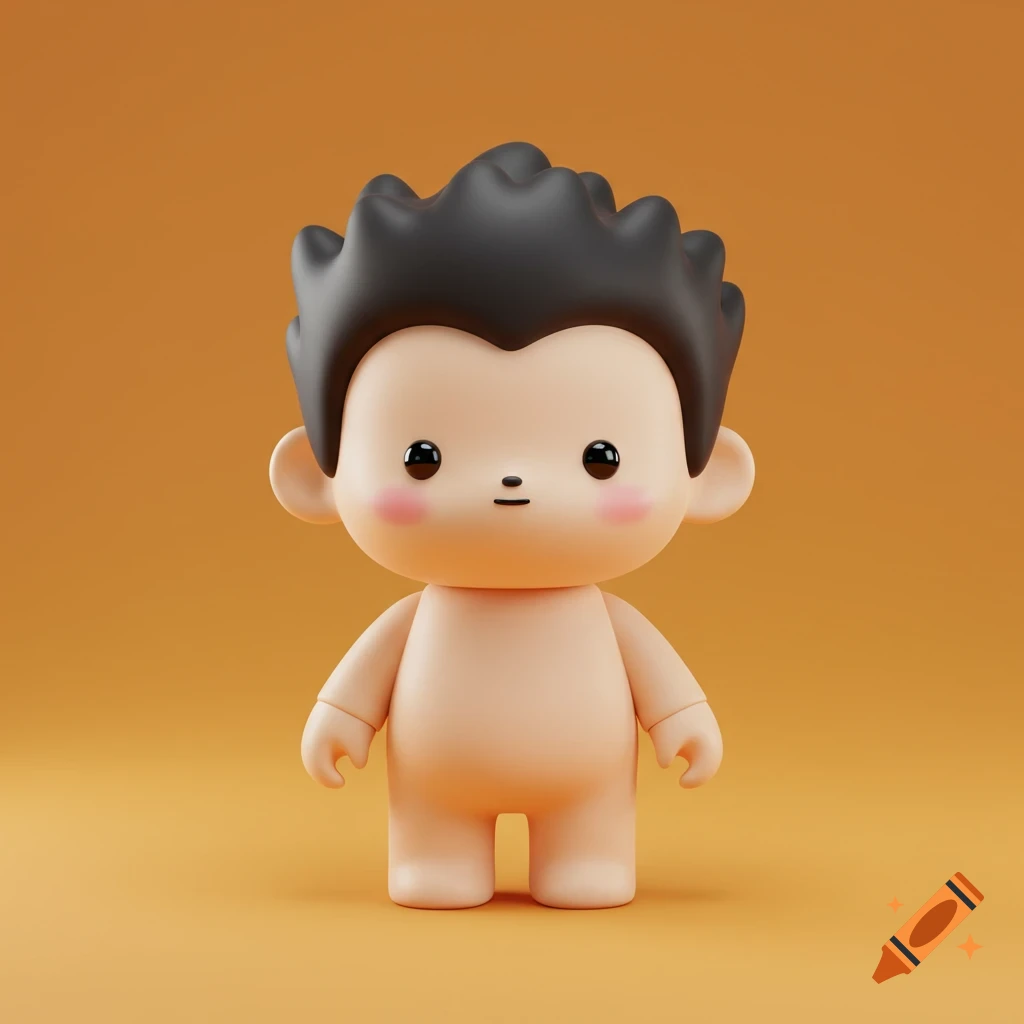 A cute, minimalist 3D vinyl toy character with black spiky hair, dot eyes, and blush cheeks against an orange background.