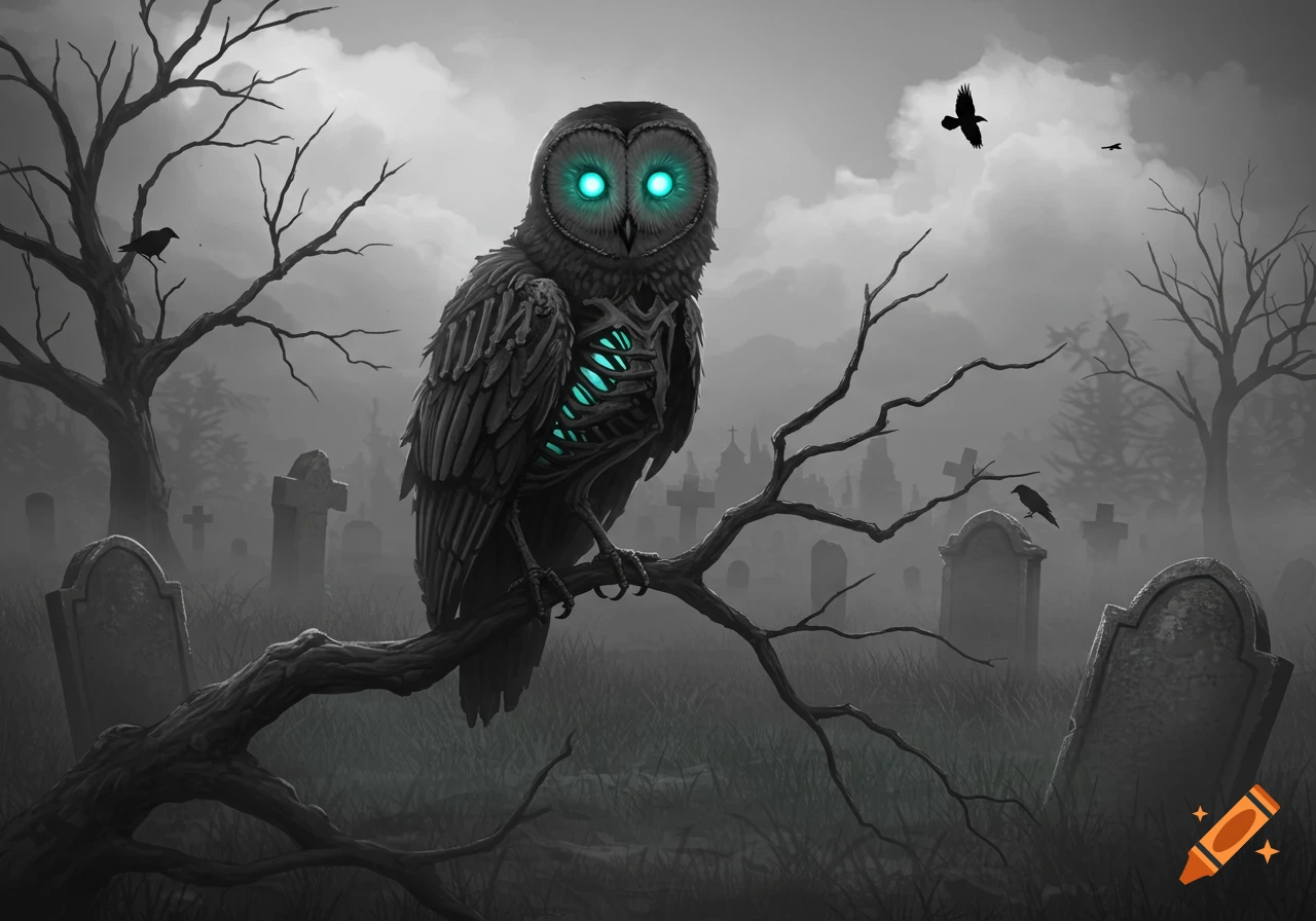 A skeletal owl with glowing blue eyes perched on a dead branch in a foggy, eerie graveyard with tombstones and bare trees.