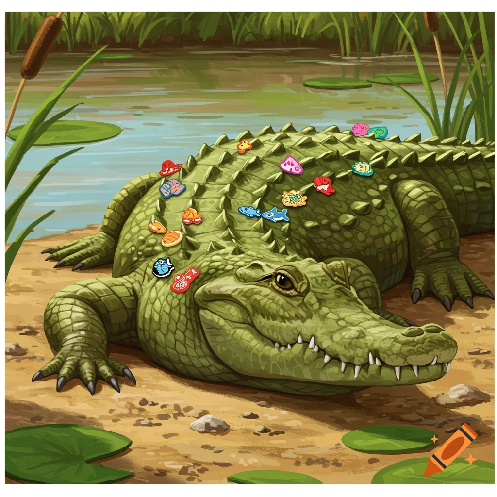 A cartoon alligator lies on a sandy bank next to a swamp, covered in small, colorful charms shaped like fish and other items.
