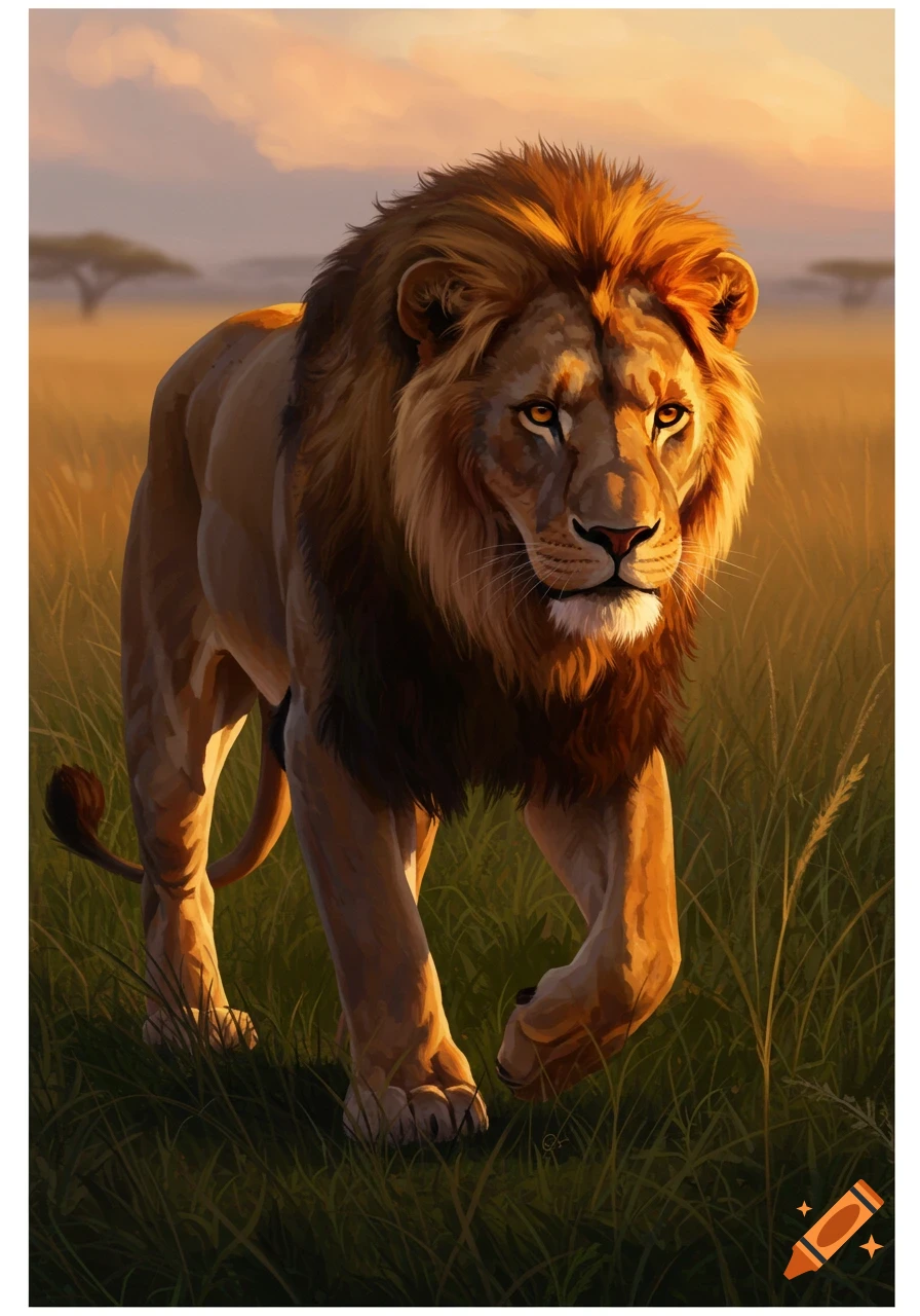 A powerful lion with a golden mane walks through tall grass in a savanna at sunset, with acacia trees in the distance. Digital painting style.