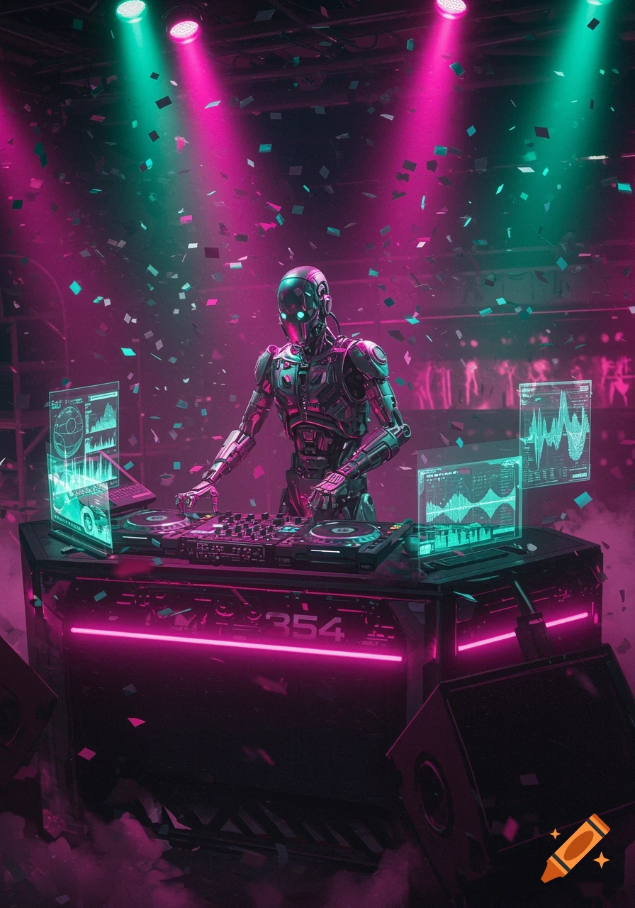 A robotic DJ performs at a futuristic club, surrounded by neon pink and teal lights, flying confetti, and glowing screens.