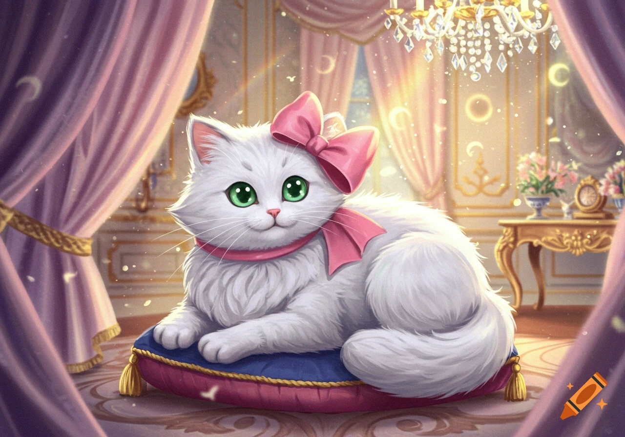 A fluffy white cat with a pink bow and green eyes lies on a blue cushion in a luxurious room with pink curtains and a chandelier, in a fantasy illustration.