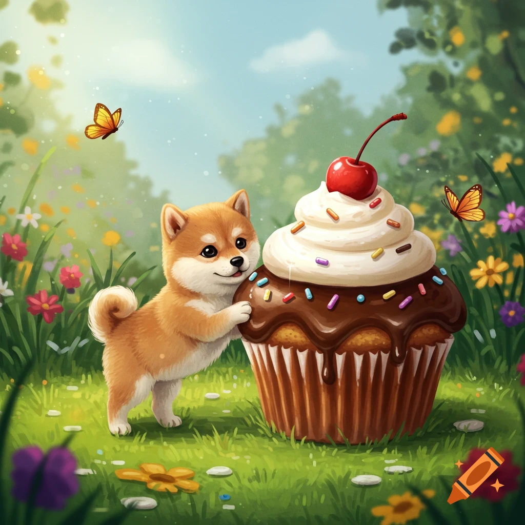 A cute shiba puppy stands next to a giant cupcake in a whimsical, flowery meadow with butterflies.