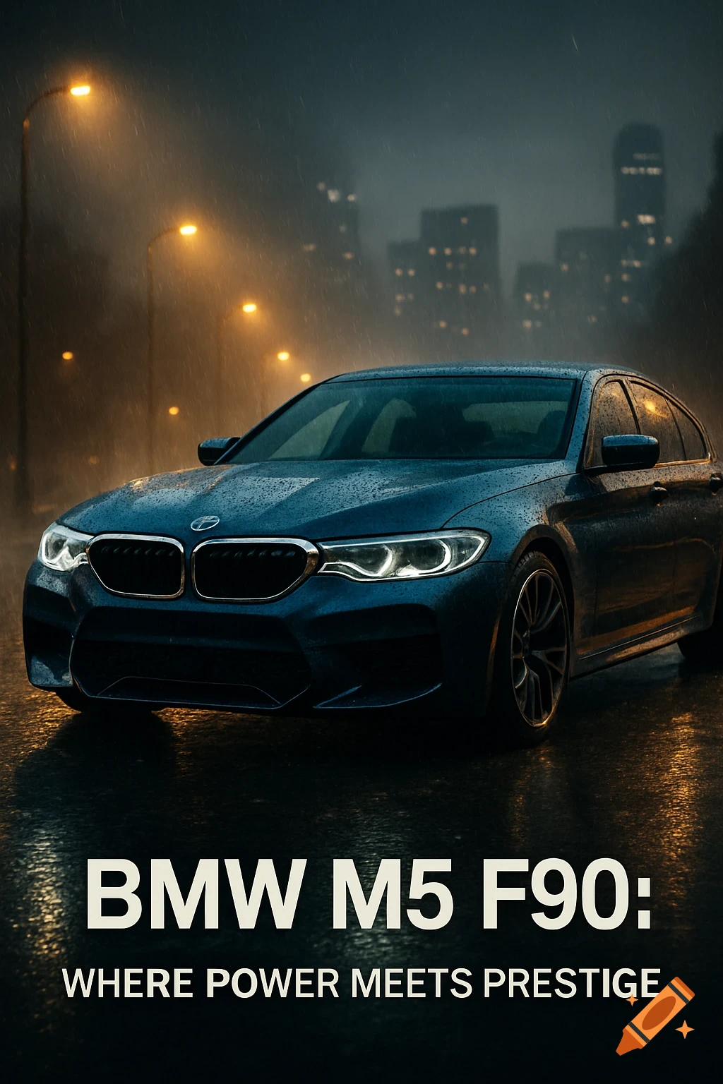 Blue BMW M5 F90 parked on a rainy city street at night, with streetlights illuminating the scene. Text reads 'BMW M5 F90: WHERE POWER MEETS PRESTIGE'.