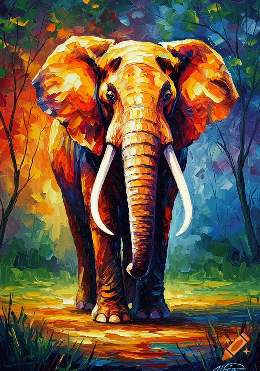 A vibrant, colorful impasto painting of an elephant with large tusks, standing amidst brightly colored trees.