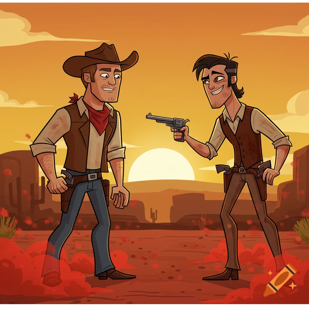 Two cartoon cowboys in a desert sunset, one pointing a revolver at the other.