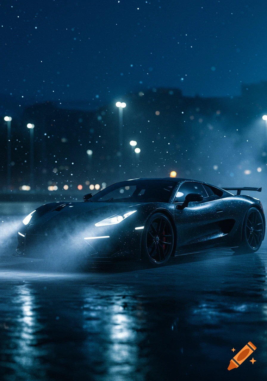 A dark luxury sports car with bright headlights on a wet road at night, with city lights and falling rain or snow.