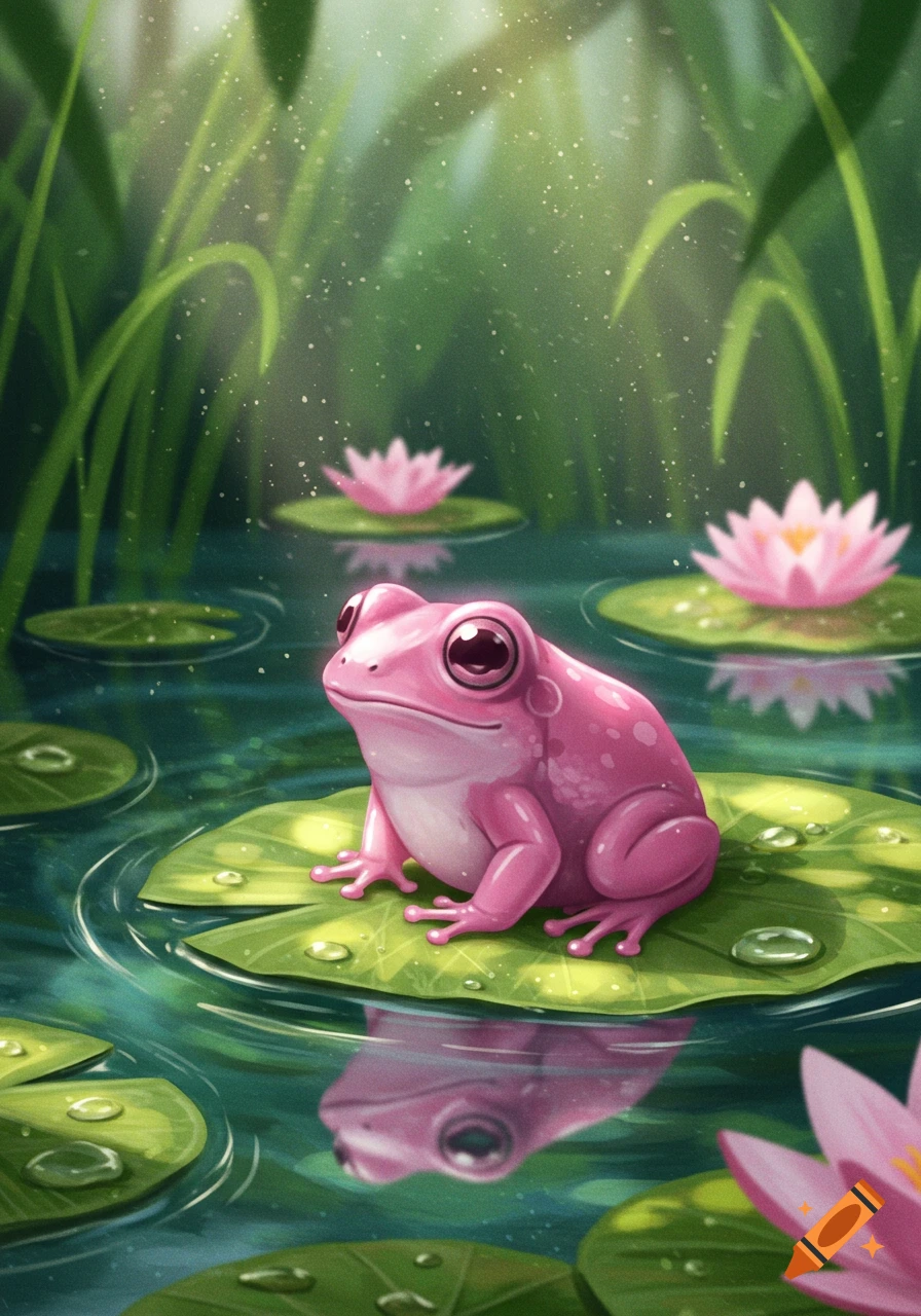 A vibrant pink frog with large eyes sits on a green lily pad in a pond with pink water lilies, in an illustrative style.