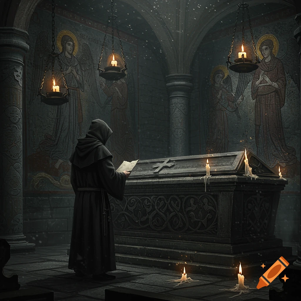 A hooded monk reads by candlelight next to a stone tomb in a dark, ancient crypt with religious murals.