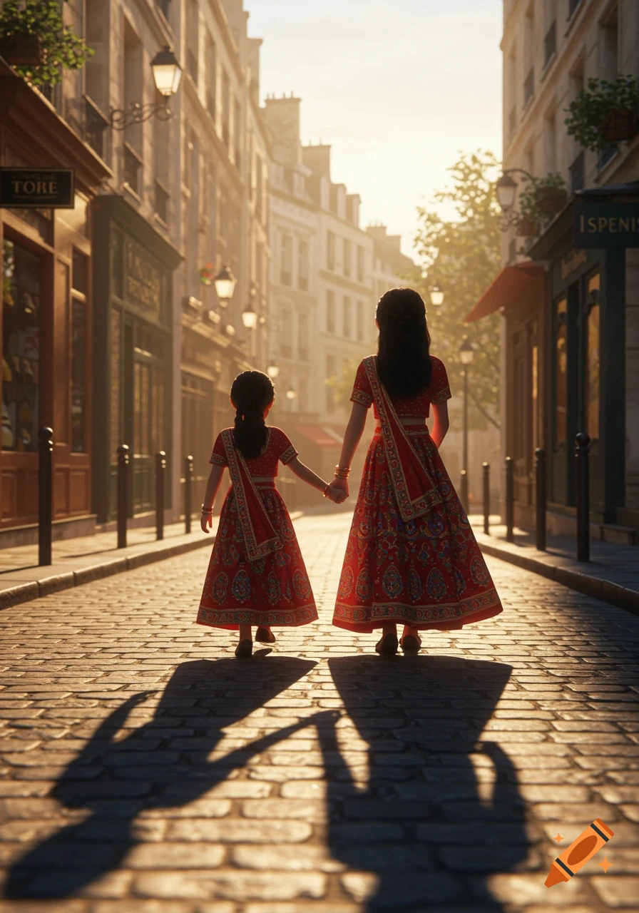 A mother and child in traditional Indian dresses walk hand-in-hand down a cobblestone street in Paris at sunset, casting long shadows.