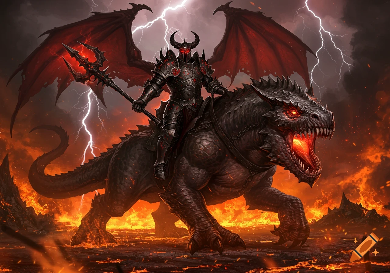 A dark knight in horned armor with a trident rides a ferocious, winged dragon-like creature through a fiery, lightning-streaked landscape.