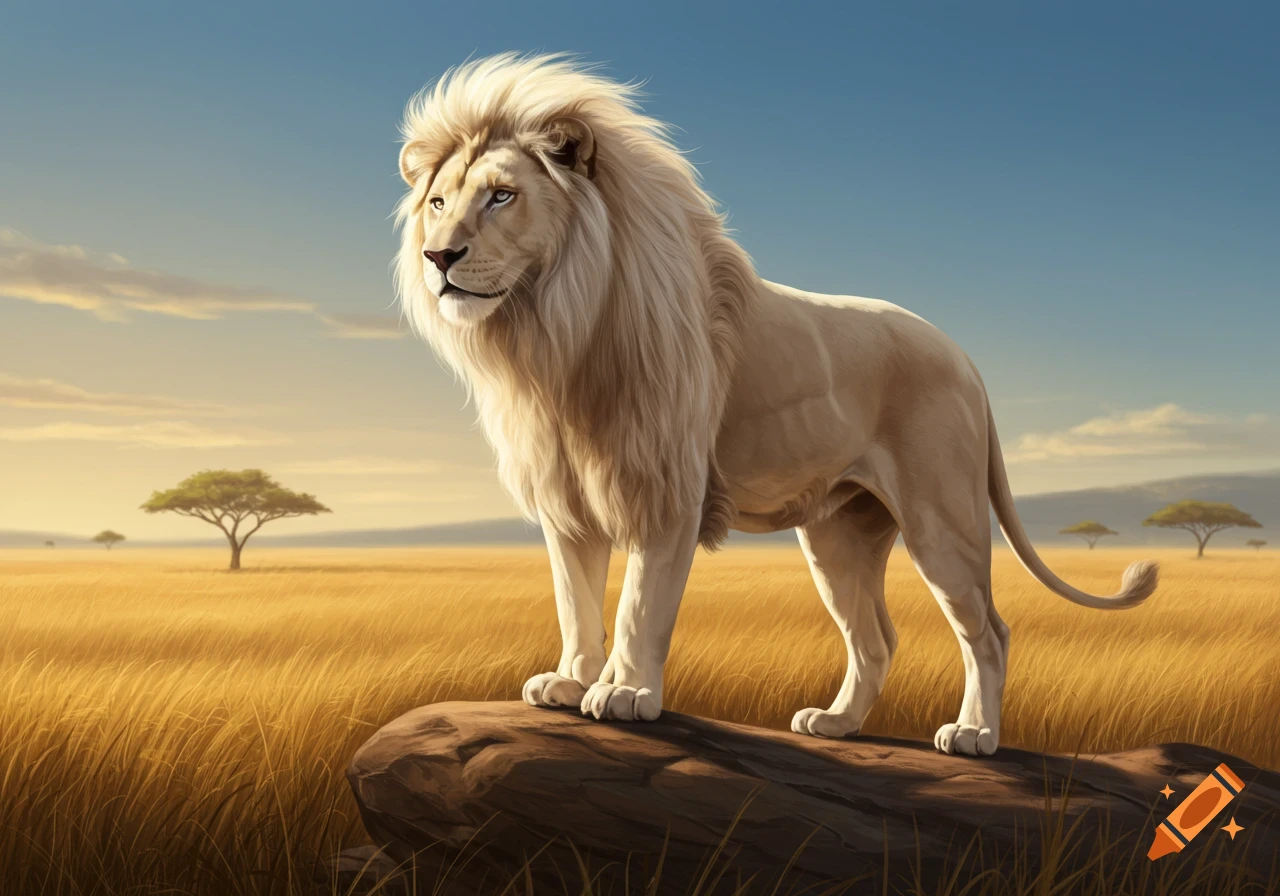 A majestic white lion with a flowing mane stands on a rock in a golden savanna landscape under a blue sky.