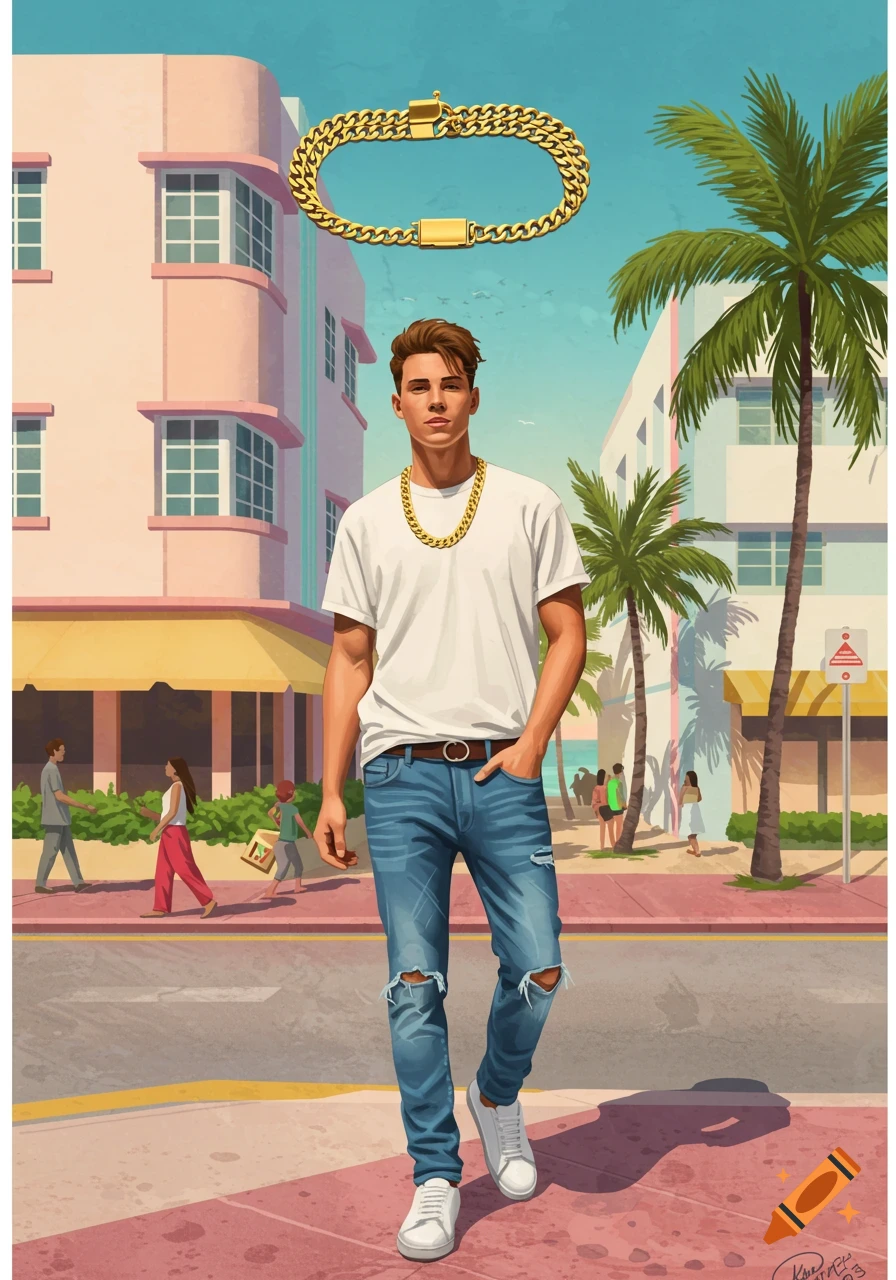 A stylized illustration of a man in a white t-shirt, ripped jeans, and a gold chain walking on a street with Art Deco buildings and palm trees.