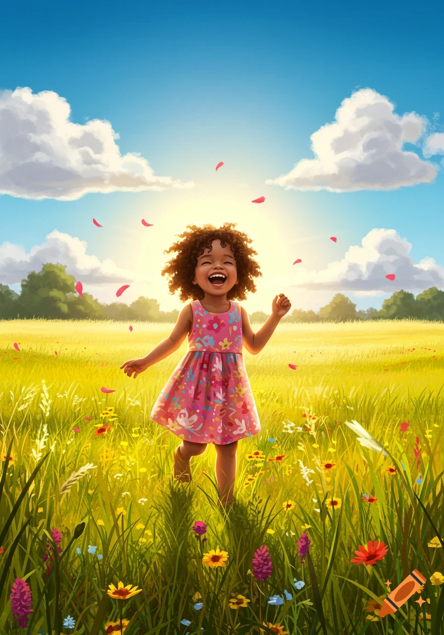 A happy child with curly hair laughs joyfully in a sunny meadow filled with colorful wildflowers and falling pink petals, with a bright blue sky above.