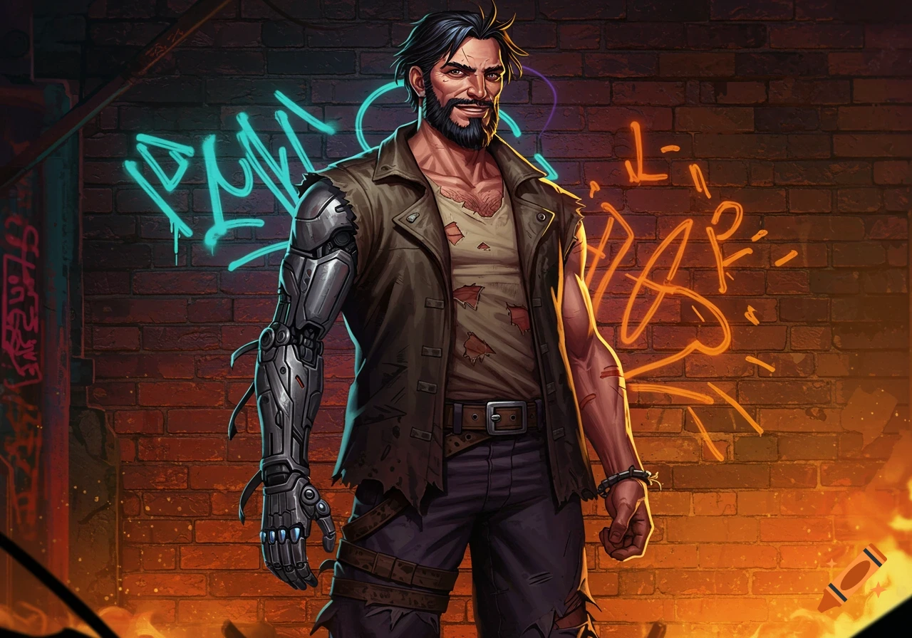 A smiling comic-style man with a beard, a prosthetic arm, and torn clothes stands in front of a brick wall with neon graffiti.
