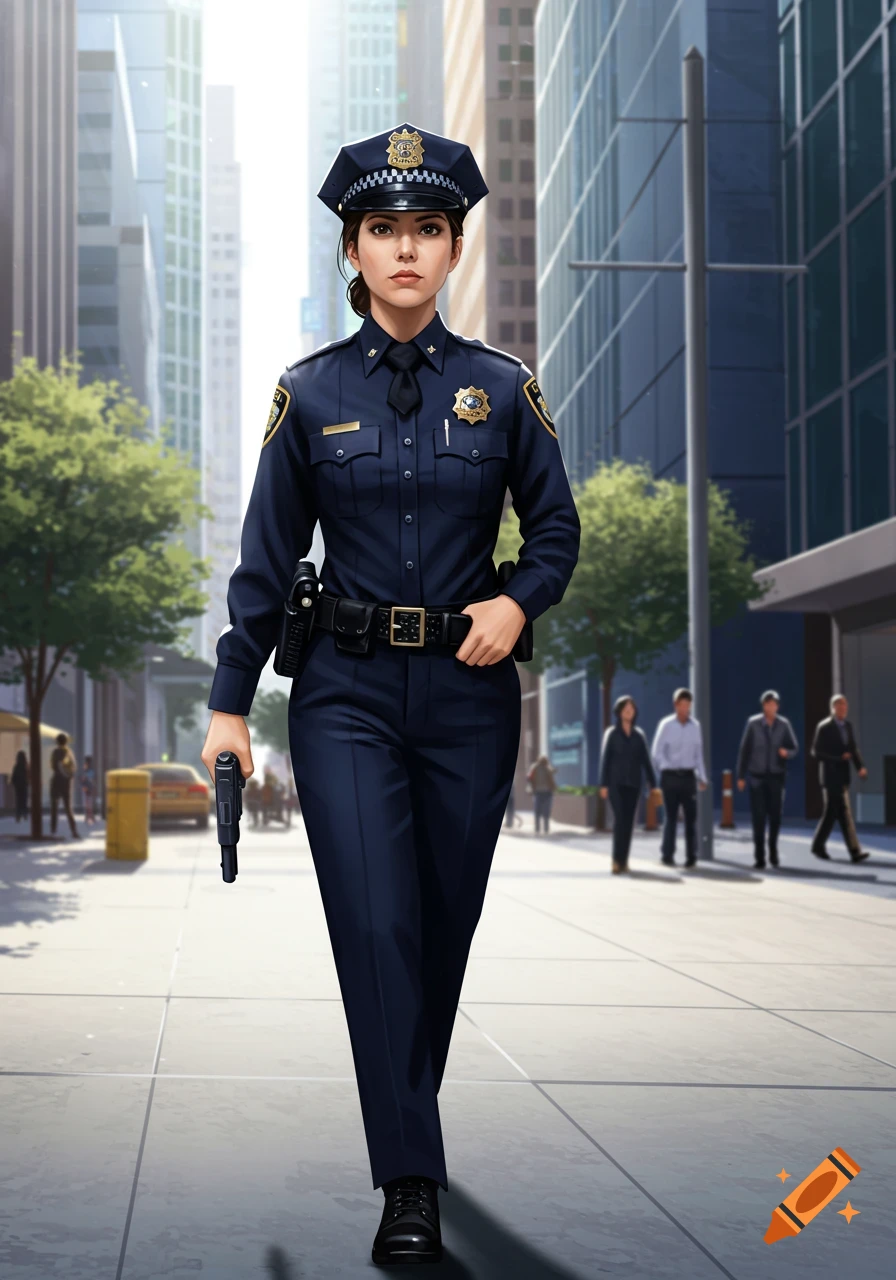 A female police officer in a dark blue uniform walks confidently down a sunny city sidewalk, holding a pistol.