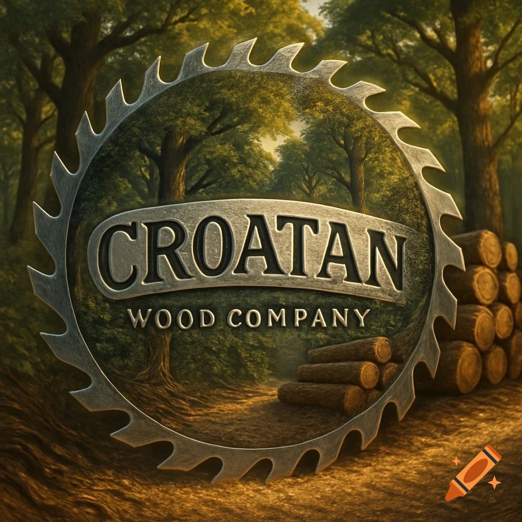 A logo featuring a saw blade framing a forest scene with logs and the text 'CROATAN WOOD COMPANY'.