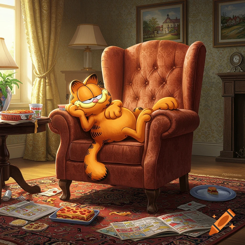 Garfield the orange cat lounges on a red armchair in a cozy living room, surrounded by lasagna and newspapers.