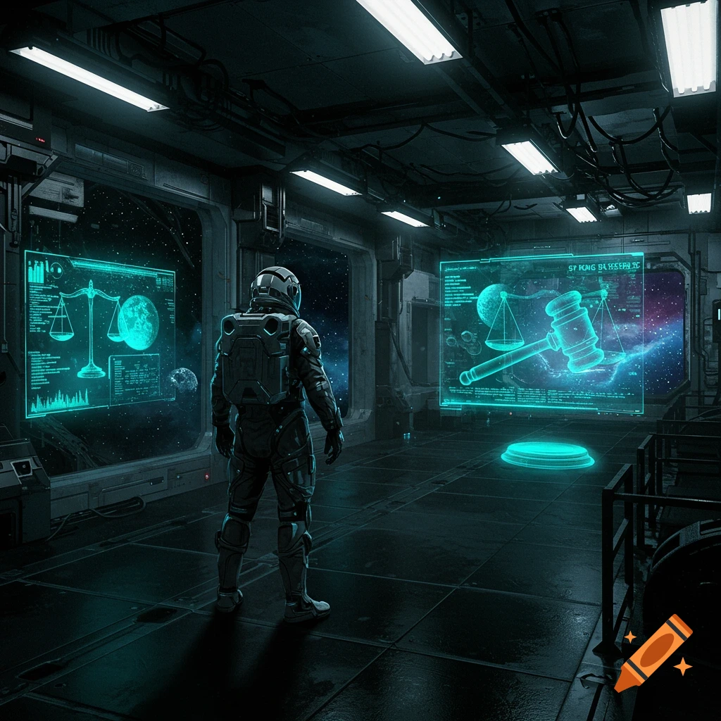 An astronaut stands in a futuristic spaceship looking at large glowing holographic displays of a scale and a gavel with space outside.