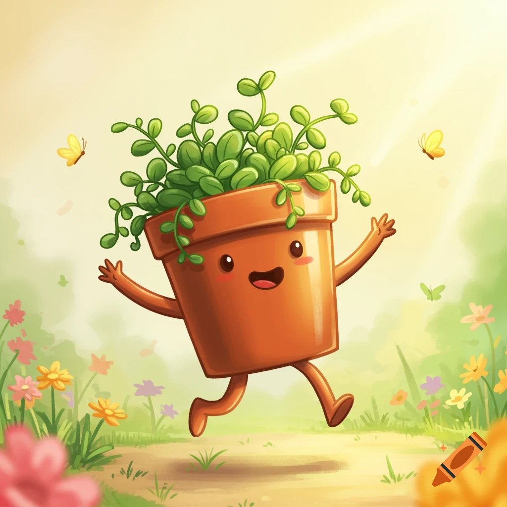 A cute, cartoon-style plant pot with a face, arms, and legs, running through a sunny field of flowers and butterflies.