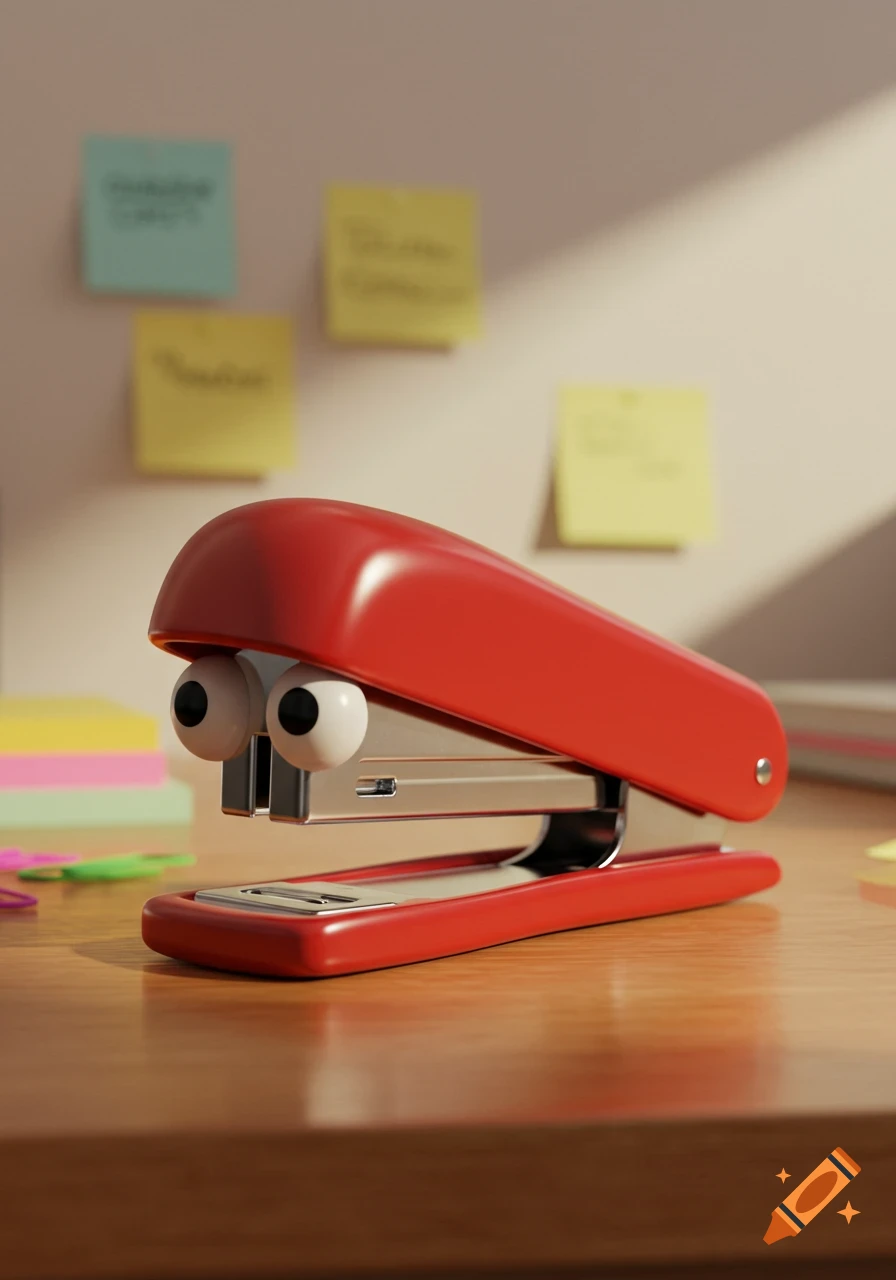 A red stapler with googly eyes sits on a wooden desk, with blurry sticky notes on a wall in the background. Photorealistic style.