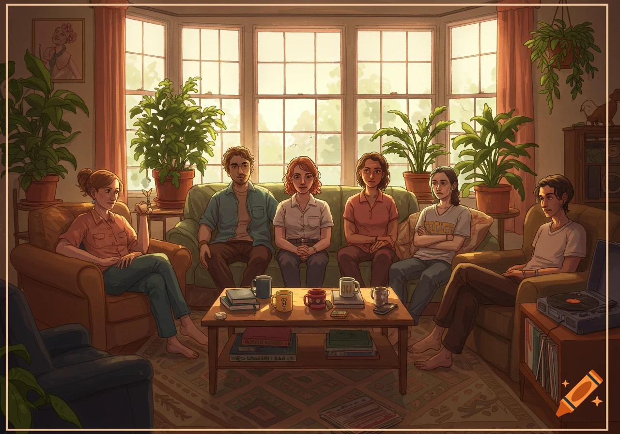 An illustration of six people sitting in a sunlit living room, surrounded by plants. They are gathered around a coffee table with books and mugs.