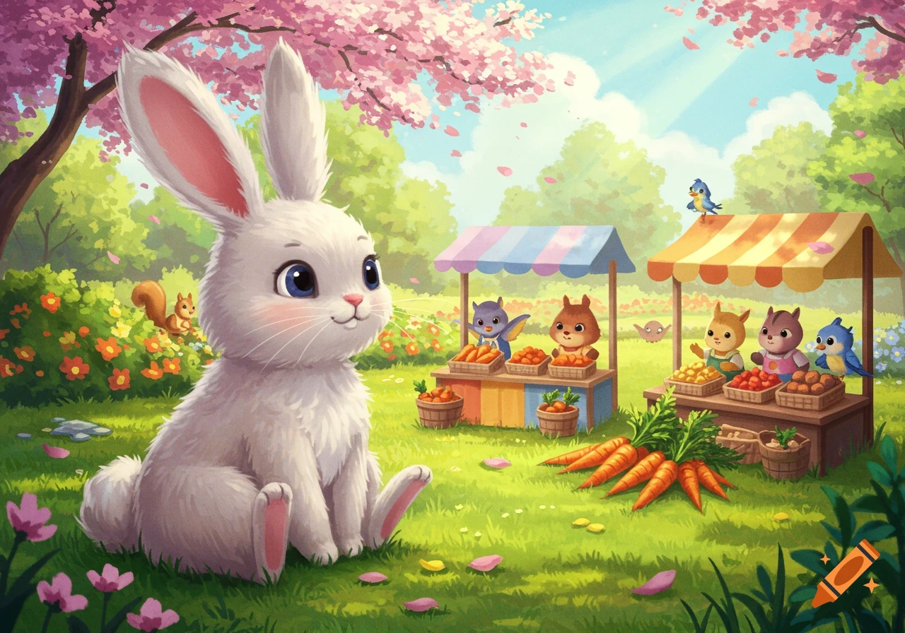 A cute white cartoon bunny sits in a park with cherry blossom trees, observing other small animals selling carrots and produce at colorful market stalls.