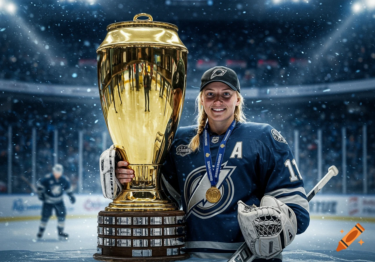 A smiling female hockey player in a blue jersey and black cap holds a large golden trophy resembling a beer can on an ice rink, with a blurred player in the background.