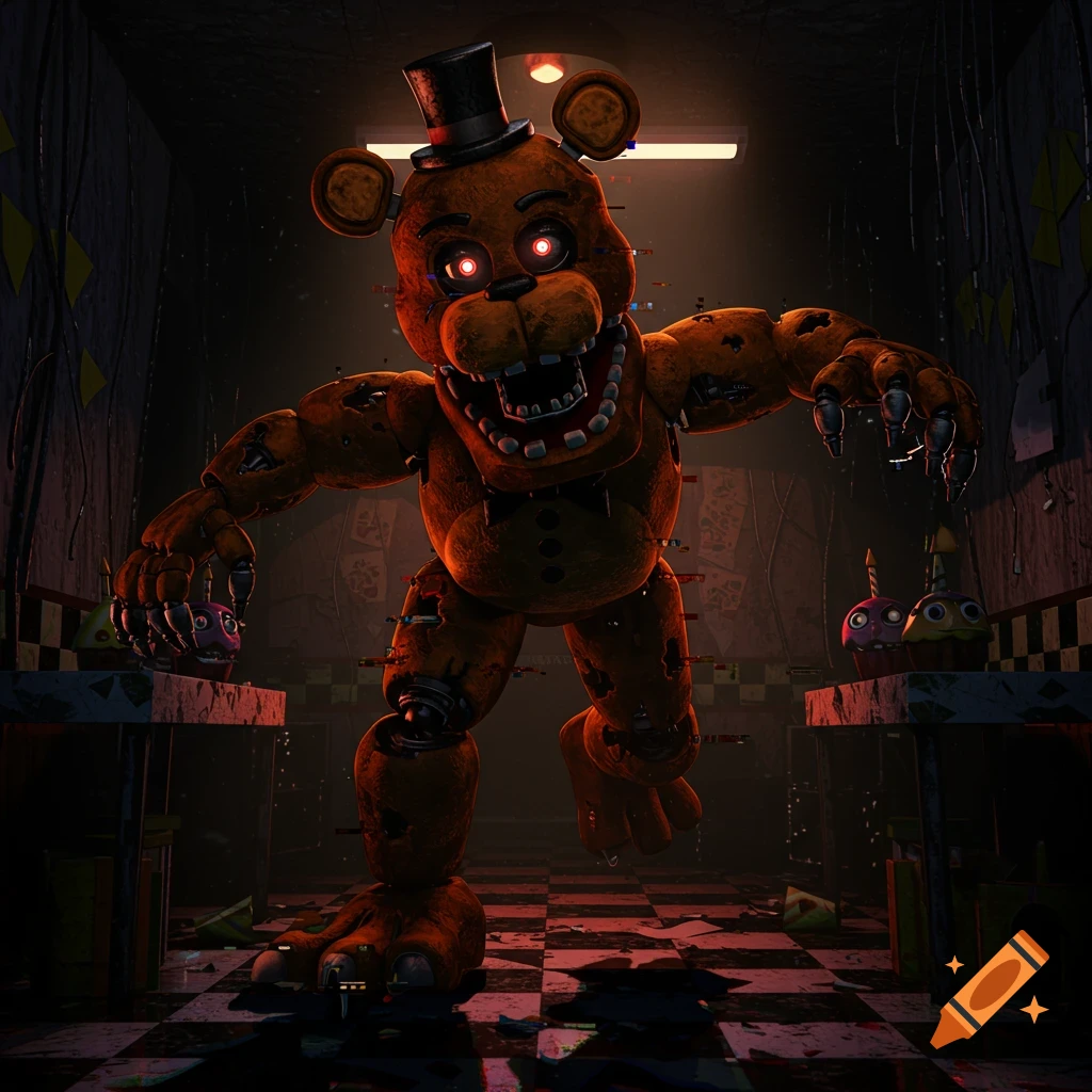 A menacing, damaged brown animatronic bear with a top hat and glowing red eyes lunges in a dark, messy room, horror game style.