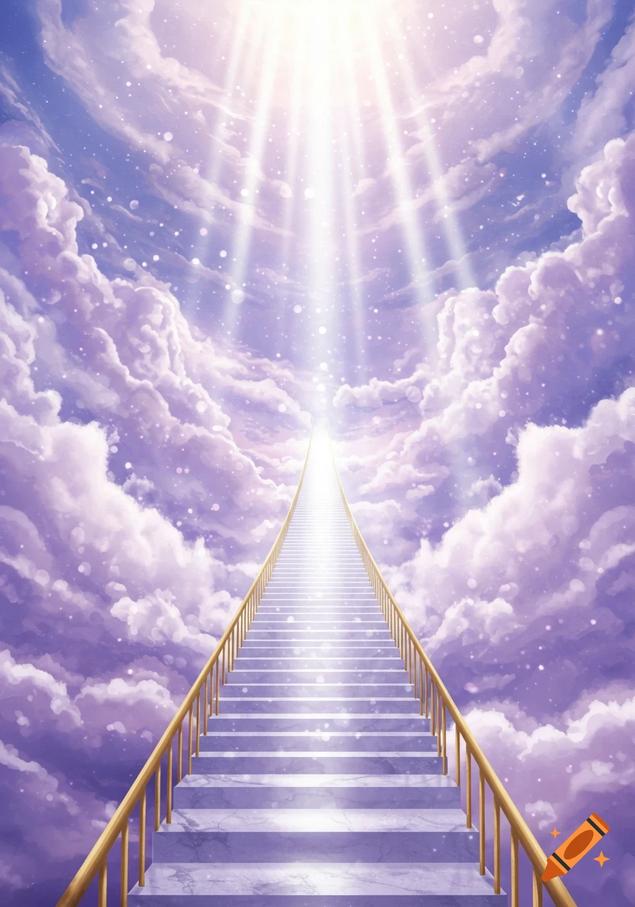 A long, white stairway with golden railings ascends through purple and white clouds towards a bright, heavenly light.