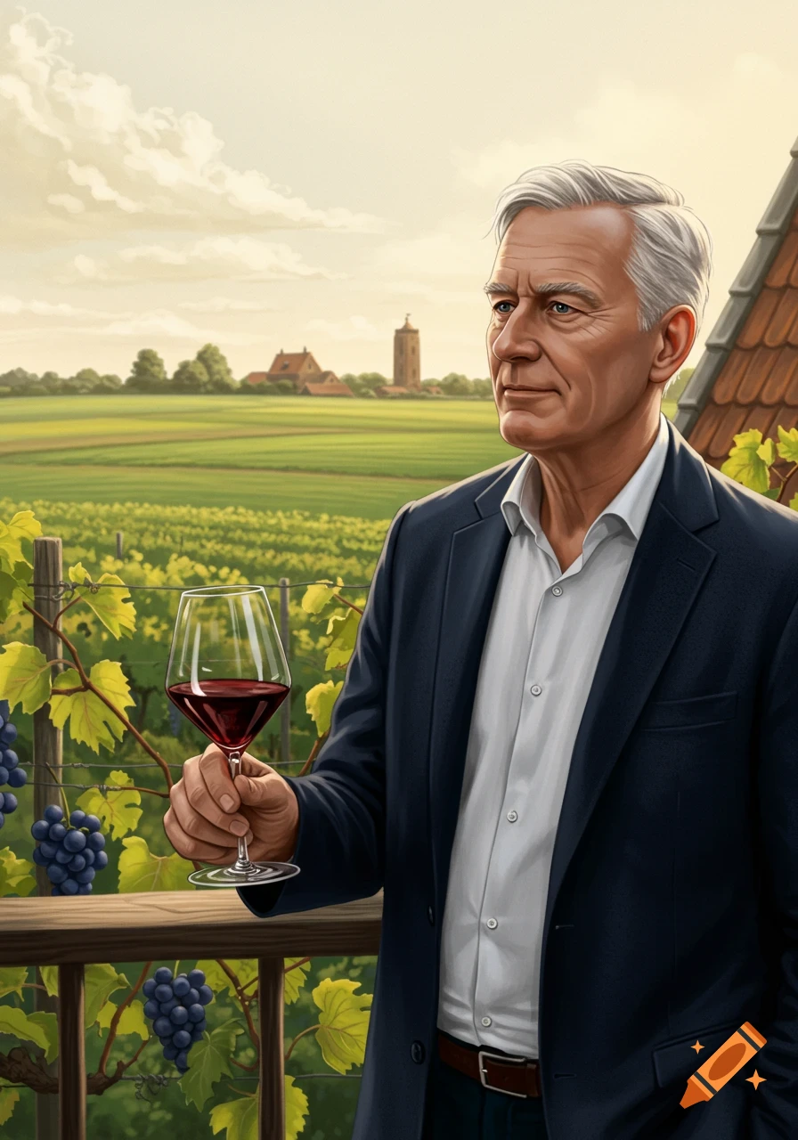 A mature man with white hair holds a glass of red wine on a balcony overlooking a vineyard and distant buildings under a cloudy sky.