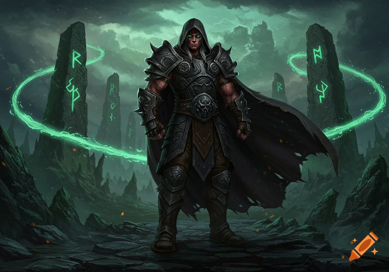 A powerful male warrior in dark ornate armor and a hooded cape stands among large glowing green runestones in a stormy, desolate landscape.
