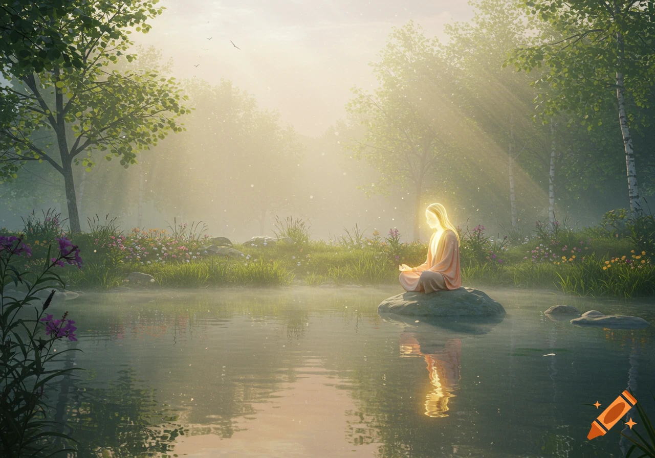 A glowing figure meditates on a rock in the middle of a misty forest pond, bathed in ethereal sunlight.