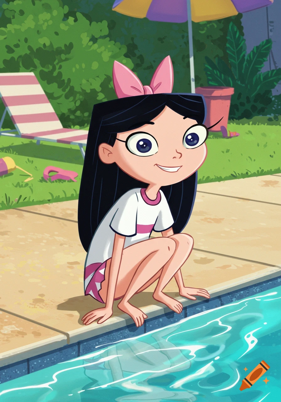 Isabella from Phineas and Ferb wearing a white t-shirt and pink swimsuit, squatting by a swimming pool on a sunny day.