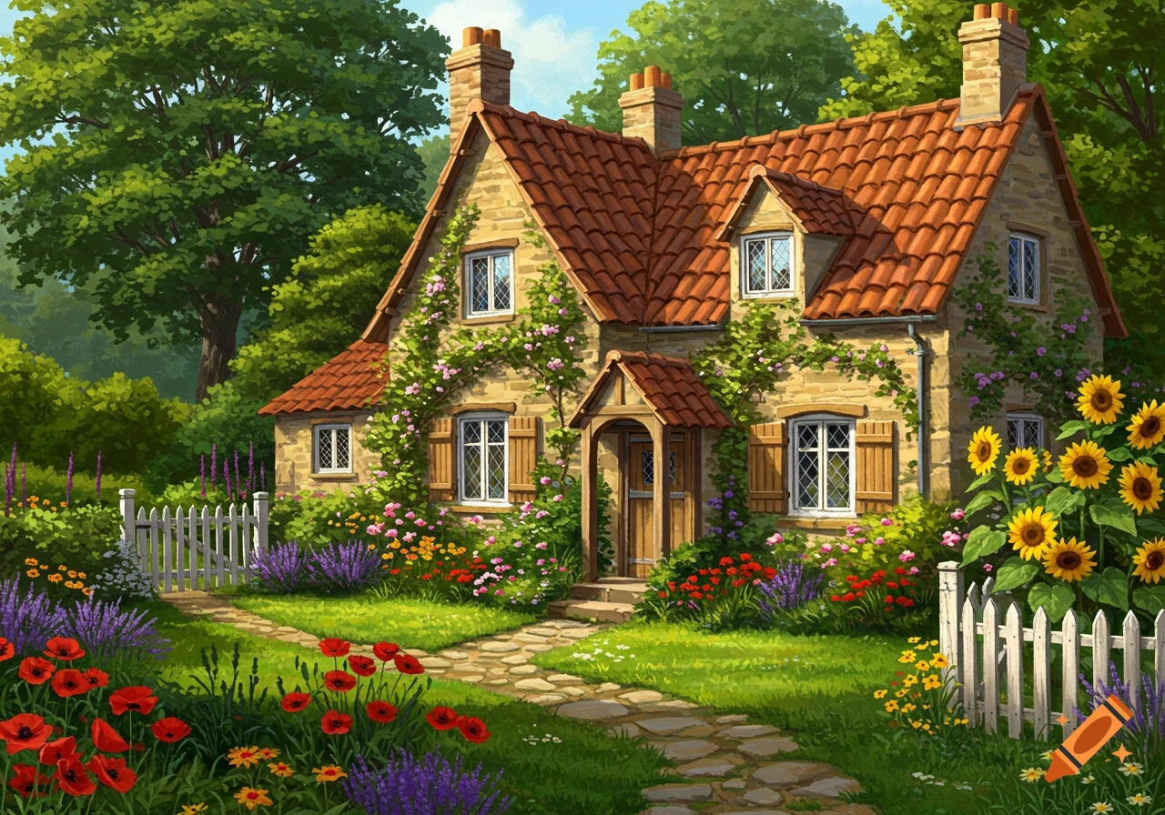 A charming stone cottage with a red tile roof and vines, nestled in a vibrant garden with colorful flowers, a stone path, and a white picket fence, in an illustrative style.