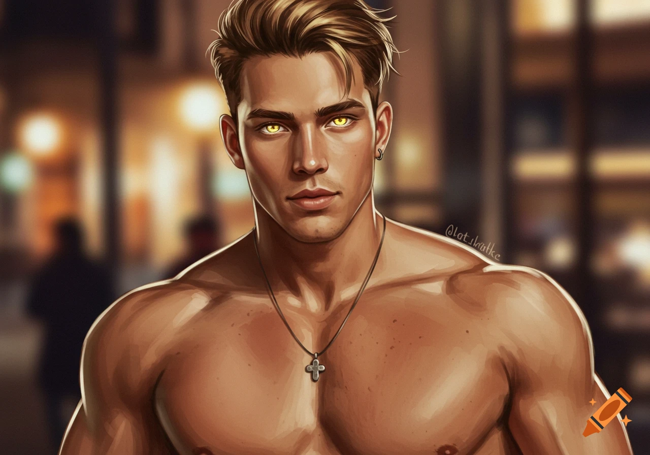 Illustrated portrait of a muscular young man with blond hair, glowing golden eyes, and a cross necklace, against a blurred, warm-toned background.