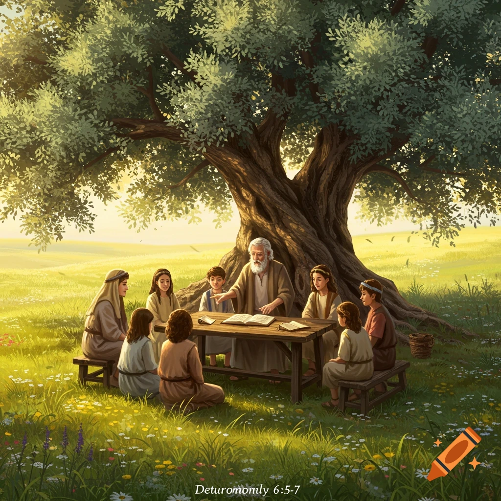 An old man with a beard teaches a group of children under a large leafy tree in a sunny, grassy field filled with wildflowers.