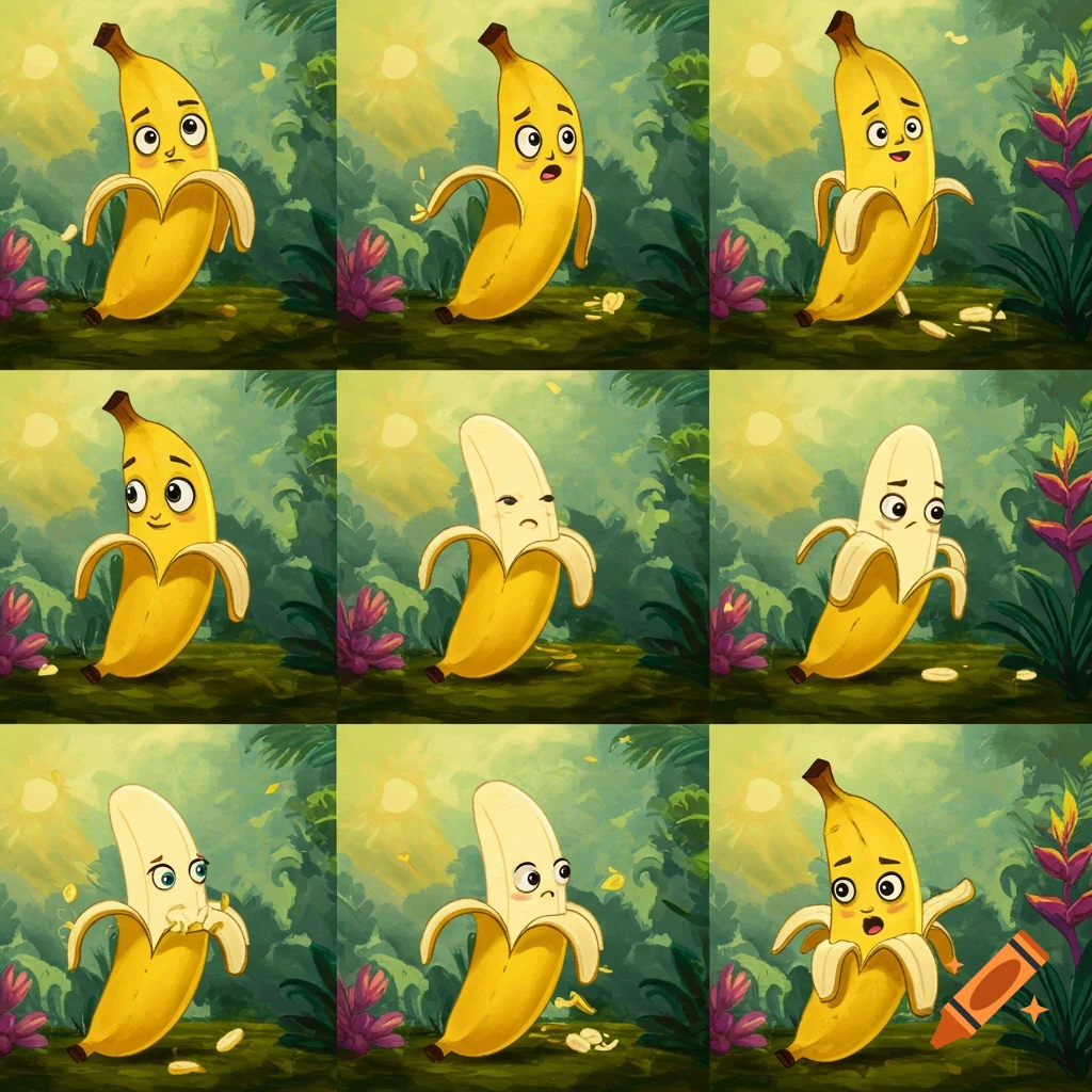 Nine cartoon panels show a banana character in a jungle, going from whole to increasingly peeled with various expressions, resembling a timer.