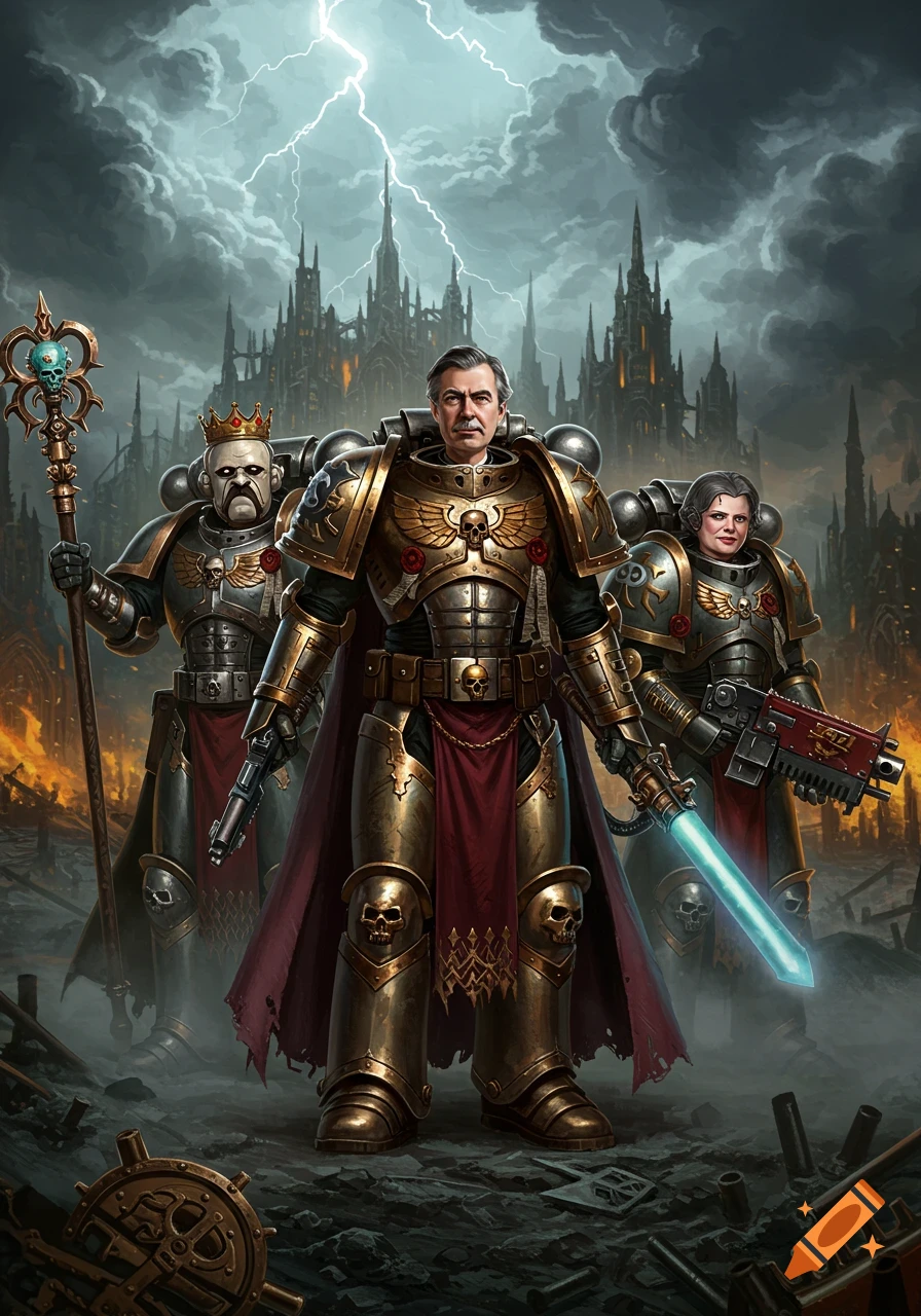 Three figures in ornate golden and grey power armor, one resembling Mr. Rogers with a glowing sword, standing before a gothic ruined city under a lightning storm.