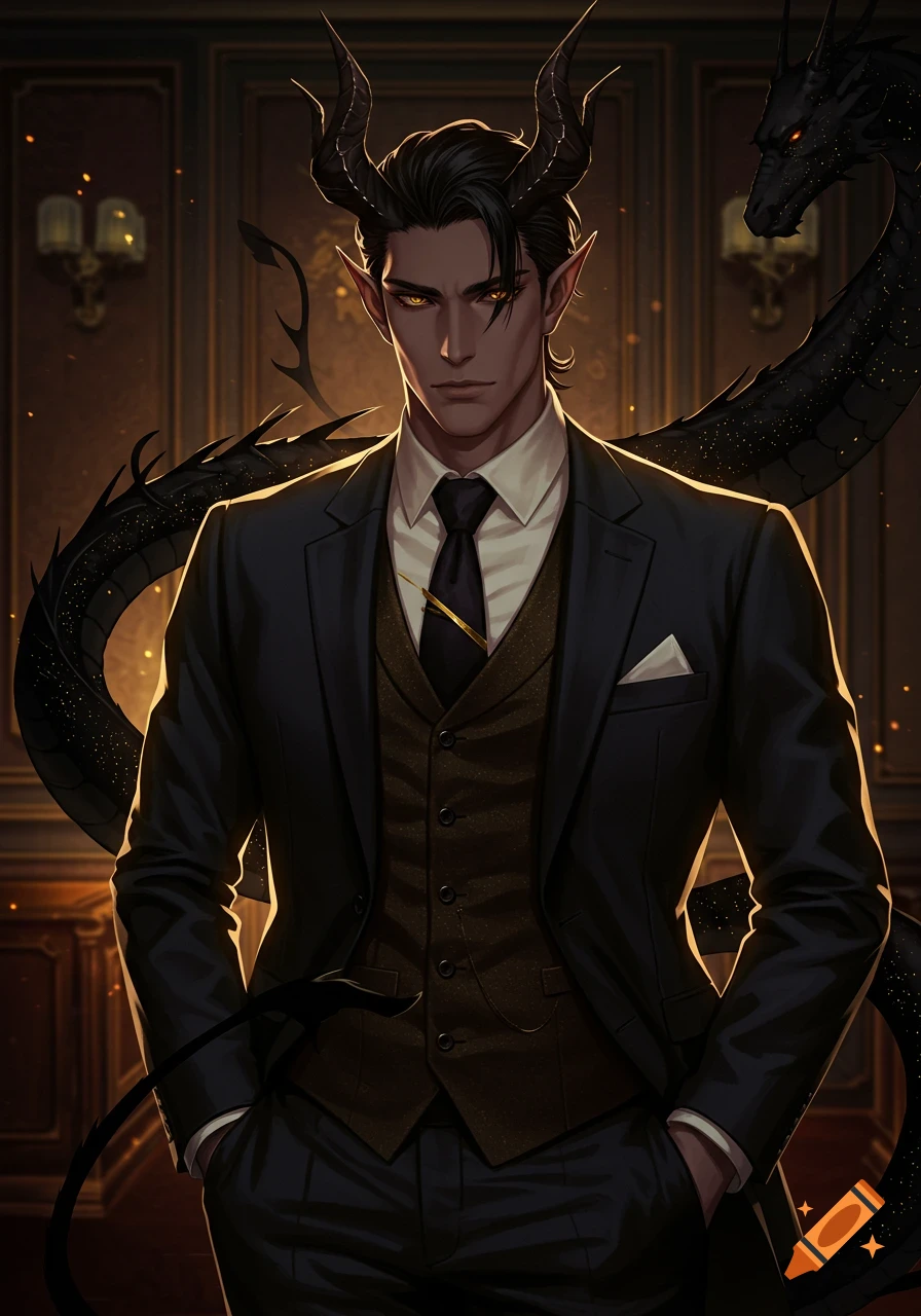 An anime-style man with black horns, golden eyes, and a dragon's tail, wearing a dark three-piece suit, stands in an opulent room.
